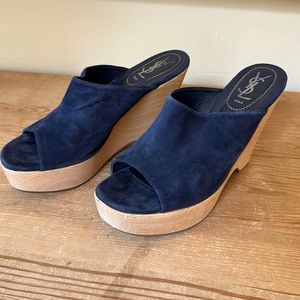 YSL Yves Saint Laurent Navy Suede and Wood Wedge Sandals